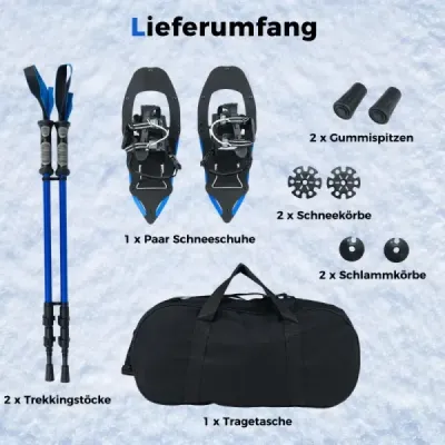 21" sněžnice s trekingovými holemi, velikost bot 35-40, do 68 kg, lehká sada sněžnic, modrá