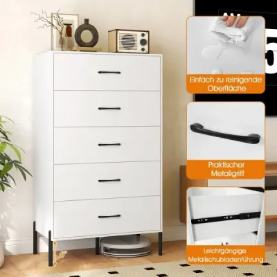Komoda s 5 zásuvkami, moderní vysoká komoda s kovovými nohami, bílá
