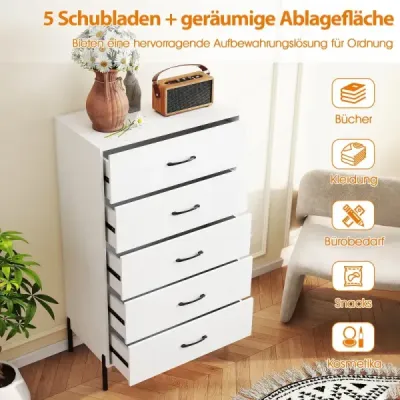 Komoda s 5 zásuvkami, moderní vysoká komoda s kovovými nohami, bílá