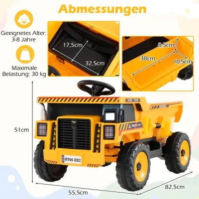 24V dětský elektrický sklápěč, čtyřkolové stavební vozidlo s výklopnou jámou, lopatou, dálkovým ovládáním, žlutý