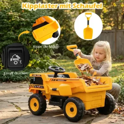 24V dětský elektrický sklápěč, čtyřkolové stavební vozidlo s výklopnou jámou, lopatou, dálkovým ovládáním, žlutý