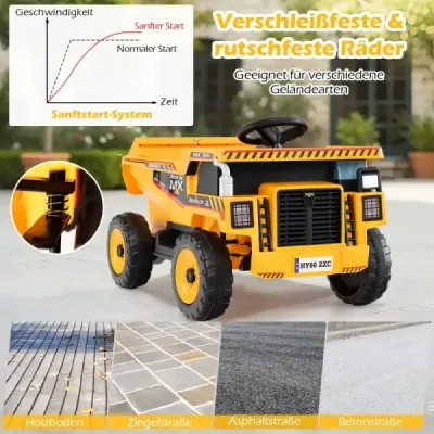 24V dětský elektrický sklápěč, čtyřkolové stavební vozidlo s výklopnou jámou, lopatou, dálkovým ovládáním, žlutý