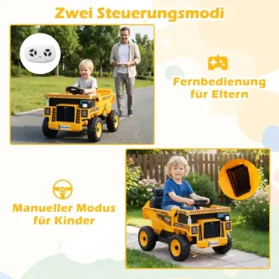 24V dětský elektrický sklápěč, čtyřkolové stavební vozidlo s výklopnou jámou, lopatou, dálkovým ovládáním, žlutý