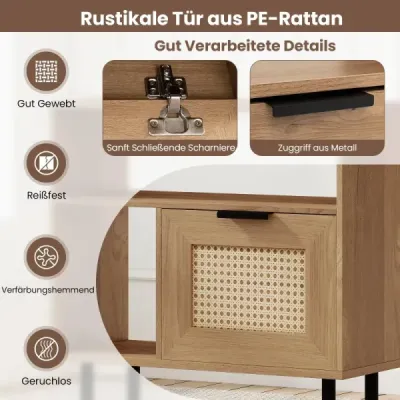 Noční stolek z boho ratanu, akcentový odkládací stolek s úložným prostorem a kovovými nohami, rustikální noční stolek, přírodní