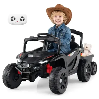 12V dětský traktor s odnímatelným přívěsem a dálkovým ovládáním pro rodiče, elektrický UTV, černý