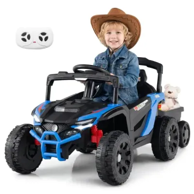 12V dětský traktor s odnímatelným přívěsem a dálkovým ovládáním pro rodiče, elektrický UTV, modrý