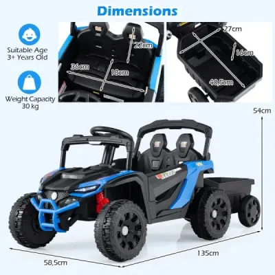 12V dětský traktor s odnímatelným přívěsem a dálkovým ovládáním pro rodiče, elektrický UTV, modrý