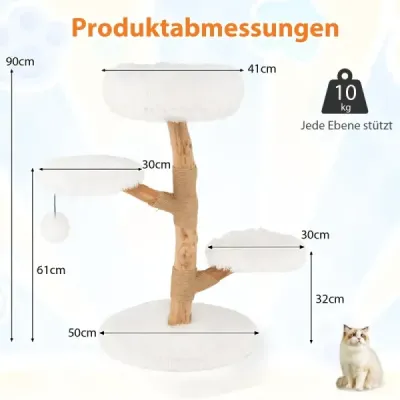 90 cm vysoký kočičí strom/věž z masivního hrušňového dřeva s vyhlídkovou plošinou, bílý