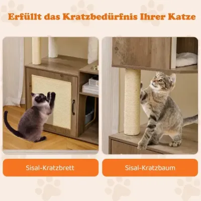 Kočičí skříňka se škrabadlem, kočičí věž se sisalovými škrabadly, škrabadlo a závěsná koule, kočičí strom šedý