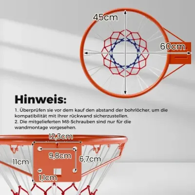 Standardní basketbalový koš Ø45cm se sítí, mini basketbalový koš k montáži na zeď, oranžový