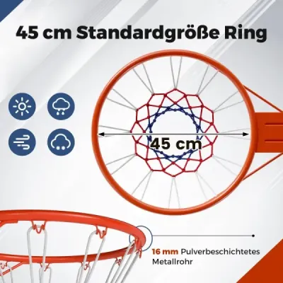 Standardní basketbalový koš Ø45cm se sítí, mini basketbalový koš k montáži na zeď, oranžový