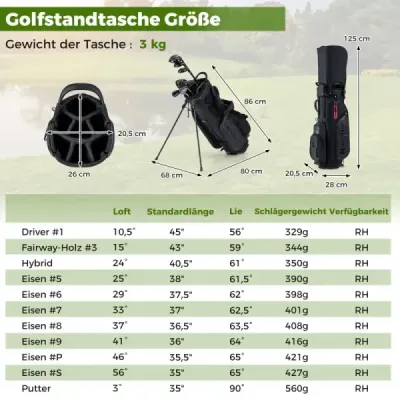 11dílná sada golfových holí pro praváky s golfovým bagem, golfovou sadou, sadami golfových holí a stojanem