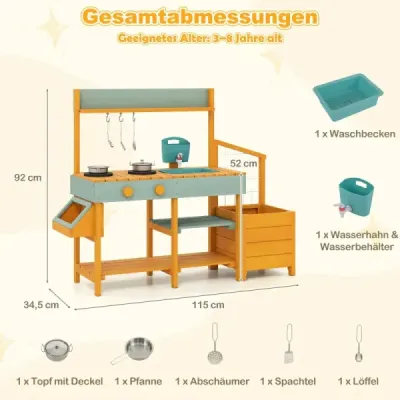 Dětská hliněná kuchyňka s květináčem a mřížkou, venkovní dětská kuchyňka s vodním prvkem, žlutá + světle zelená