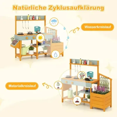 Dětská hliněná kuchyňka s květináčem a mřížkou, venkovní dětská kuchyňka s vodním prvkem, žlutá + světle zelená