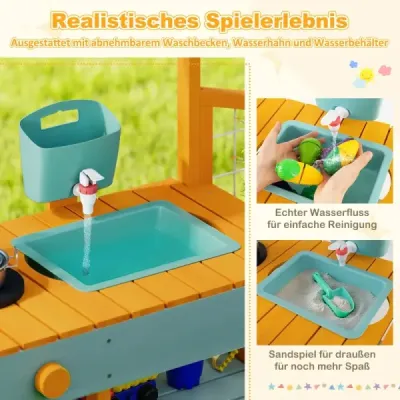 Dětská hliněná kuchyňka s květináčem a mřížkou, venkovní dětská kuchyňka s vodním prvkem, žlutá + světle zelená