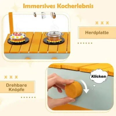 Dětská hliněná kuchyňka s květináčem a mřížkou, venkovní dětská kuchyňka s vodním prvkem, žlutá + světle zelená