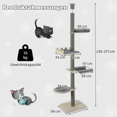 236-271 cm vysoký stropní strom pro kočky s houpací sítí a košem a lůžkem 5patrový strom pro kočky šedý