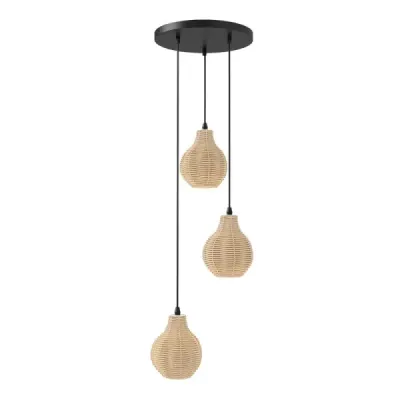 Závěsná lampa z boho ratanu se 3 žárovkami, ručně tkaný lustr z přírodního košíku s nastavitelnou výškou, béžová