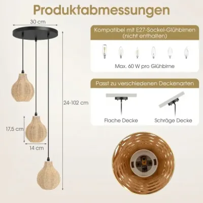 Závěsná lampa z boho ratanu se 3 žárovkami, ručně tkaný lustr z přírodního košíku s nastavitelnou výškou, béžová