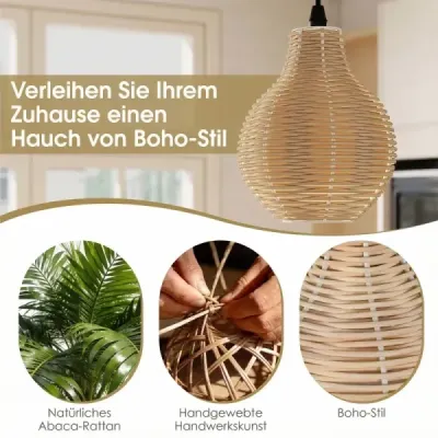 Závěsná lampa z boho ratanu se 3 žárovkami, ručně tkaný lustr z přírodního košíku s nastavitelnou výškou, béžová