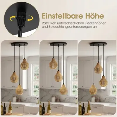 Závěsná lampa z boho ratanu se 3 žárovkami, ručně tkaný lustr z přírodního košíku s nastavitelnou výškou, béžová