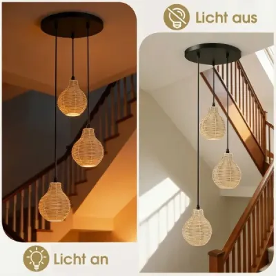 Závěsná lampa z boho ratanu se 3 žárovkami, ručně tkaný lustr z přírodního košíku s nastavitelnou výškou, béžová