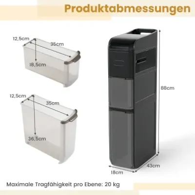 Úzká koupelnová skříňka se 2 zásuvkami a boxem na kapesníky. Prostorově úsporná koupelnová skříňka, černá.
