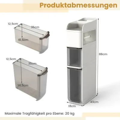 Úzká koupelnová skříňka se 2 zásuvkami a boxem na kapesníky. Prostorově úsporná koupelnová skříňka, bílá.