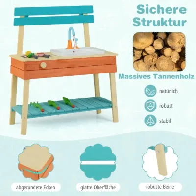 Dětská kuchyňka na hraní, dřevěná kuchyňská sada na hraní s jídlem na hraní, dřevěné špízy, grilovací rošt, modrá
