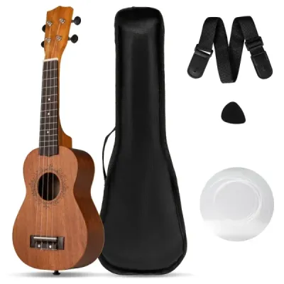 21palcová sada ukulele z mahagonového dřeva s přepravním pouzdrem, trsátkem a nastavitelným popruhem, přírodní