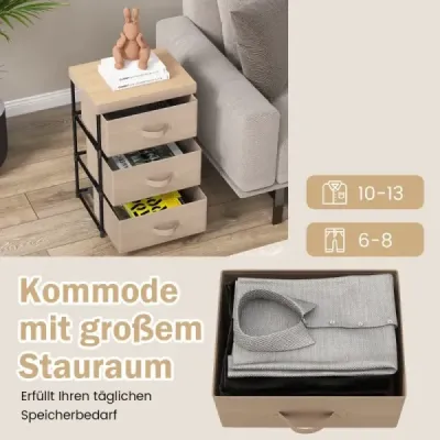 Sada 2 nočních stolků s látkovými zásuvkami, odkládací stolky s kovovými rámy, hnědá látková komoda
