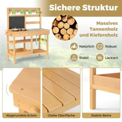 Dětská hliněná kuchyňka s tabulí, kohoutkem, dřezem a květináči, dřevěná dětská kuchyňka