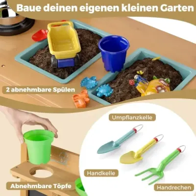 Dětská hliněná kuchyňka s tabulí, kohoutkem, dřezem a květináči, dřevěná dětská kuchyňka