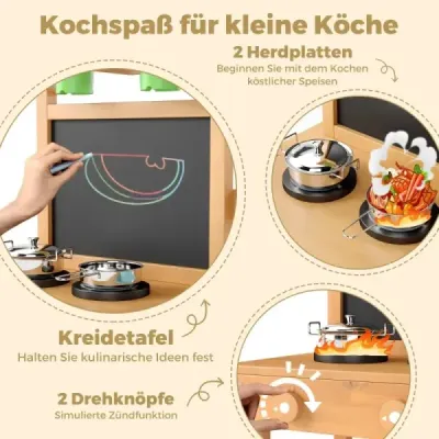 Dětská hliněná kuchyňka s tabulí, kohoutkem, dřezem a květináči, dřevěná dětská kuchyňka
