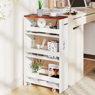 Úzký úložný vozík 20 cm s nabíjecí stanicí, kuchyňský vozík se 4 úrovněmi a rukojetí, rustikálně hnědý