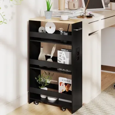 Úzký úložný vozík 20 cm s nabíjecí stanicí, kuchyňský vozík se 4 úrovněmi a rukojetí, černý