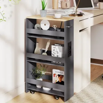 Úzký úložný vozík 20 cm s nabíjecí stanicí, kuchyňský vozík se 4 úrovněmi a rukojetí, šedý