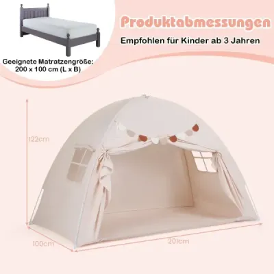 Dětský stan s dvoulůžkem, skládací a přenosný stan s baldachýnem pro palandy se 2 okny, tmavě béžový