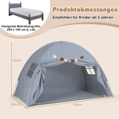Dětský stan s dvoulůžkem, skládací a přenosný stan s baldachýnem pro palandy se 2 okny, tmavě šedý