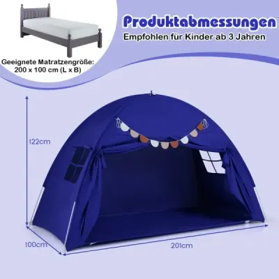 Dětský stan s dvoulůžkem, skládací a přenosný stan s baldachýnem pro palandy se 2 okny, tmavě modrý