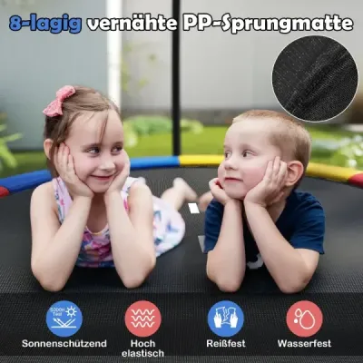 Venkovní trampolína s žebříkem, kulatá zahradní trampolína s ochrannou sítí, krytem okraje a kovovým rámem, Ø366 cm, Bunta