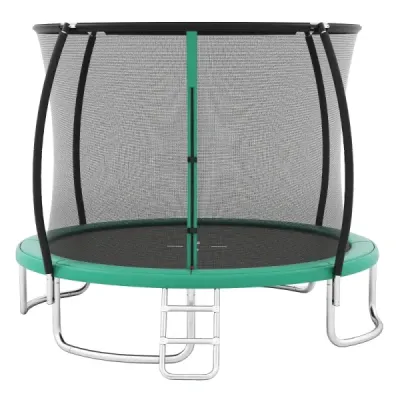 Venkovní trampolína s žebříkem, kulatá zahradní trampolína s ochrannou sítí, krytem okraje a kovovým rámem, Ø366 cm, zelená