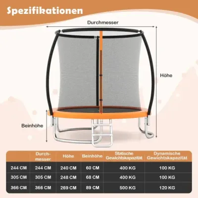 Venkovní trampolína s žebříkem, kulatá zahradní trampolína s ochrannou sítí, krytem okraje a kovovým rámem, Ø366 cm, oranžová