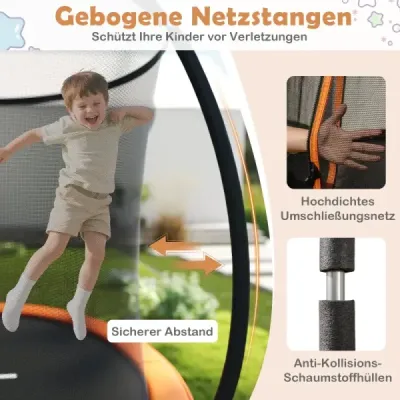 Venkovní trampolína s žebříkem, kulatá zahradní trampolína s ochrannou sítí, krytem okraje a kovovým rámem, Ø366 cm, oranžová