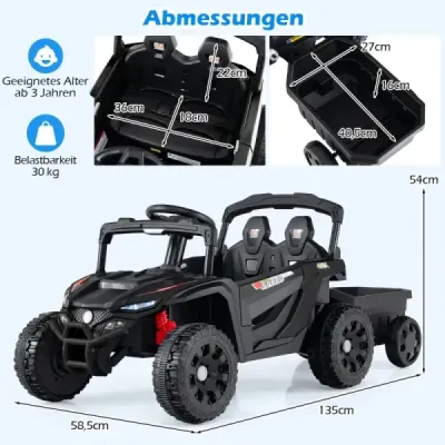 12V dětský traktor s odnímatelným přívěsem a dálkovým ovládáním pro rodiče, elektrický UTV, černý