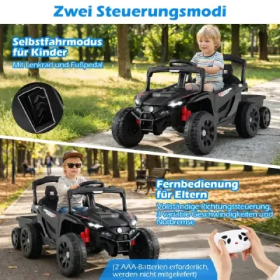 12V dětský traktor s odnímatelným přívěsem a dálkovým ovládáním pro rodiče, elektrický UTV, černý