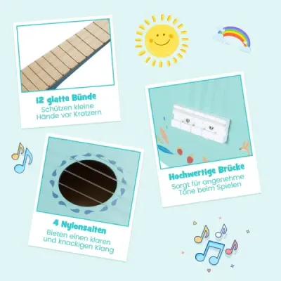 Dětská ukulele 53 cm, 4strunná mini ukulele s tělem z lípy pro děti od 3 let, světle modrá