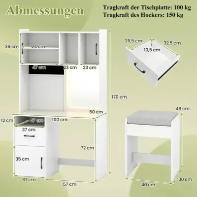 Toaletní stolek s osvětlením LED a stoličkou a zásuvkami Kosmetický stolek bílý