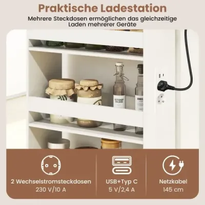 Úzký úložný vozík 20 cm s nabíjecí stanicí, kuchyňský vozík se 4 úrovněmi a rukojetí, rustikálně hnědý