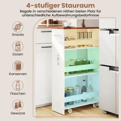 Úzký úložný vozík 20 cm s nabíjecí stanicí, kuchyňský vozík se 4 úrovněmi a rukojetí, rustikálně hnědý